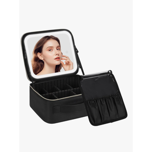 Chomeiu Makeup Bag with LED Mirror, Travel Makeup Case for Women and Makeup Artists Cosmetic Organizer Large Make Up Bags with Light Up Mirror, 3 Color Lights, Adjustable Dividers and Brush Holder