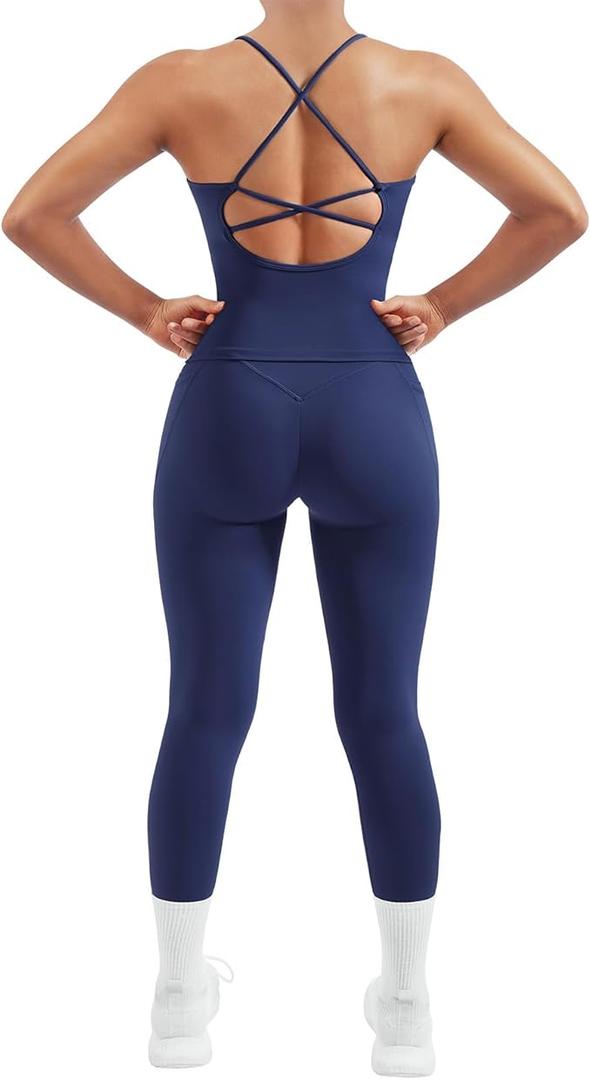 SUUKSESS Women 2 Piece Workout Sets Padded Tank Tops Tummy Control Leggings Gym Outfits, S