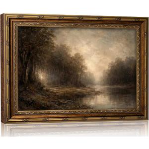 Vintage Gold Framed Forest River Wall Art Serene Woodland Landscape Canvas, 24"L x 16"W