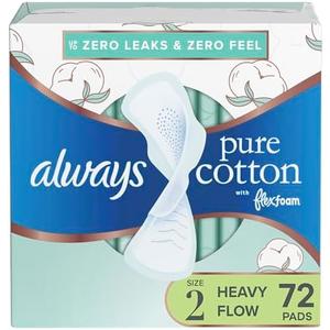 Always Pure Cotton Feminine Pads for Women, FlexFoam Pads with Wings, Size 2, Heavy Absorbency, Unscented