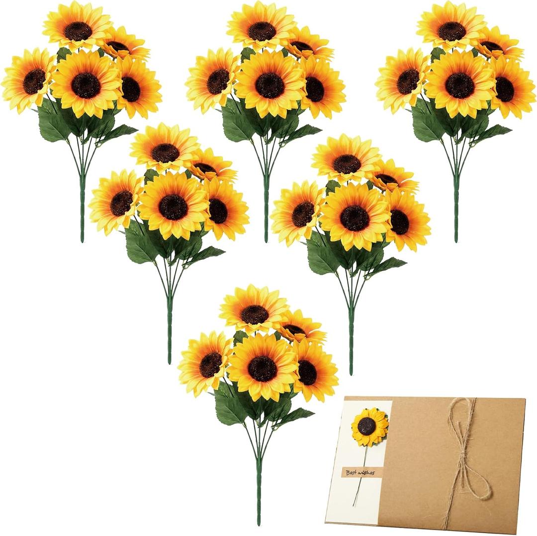 6 Pack Artificial Sunflower with Stem and Big Head Fake Silk Flowers Bulk + Greeting Cards, Faux Sunflower Bouquet for Birthday Gift, Mother's Day Decor