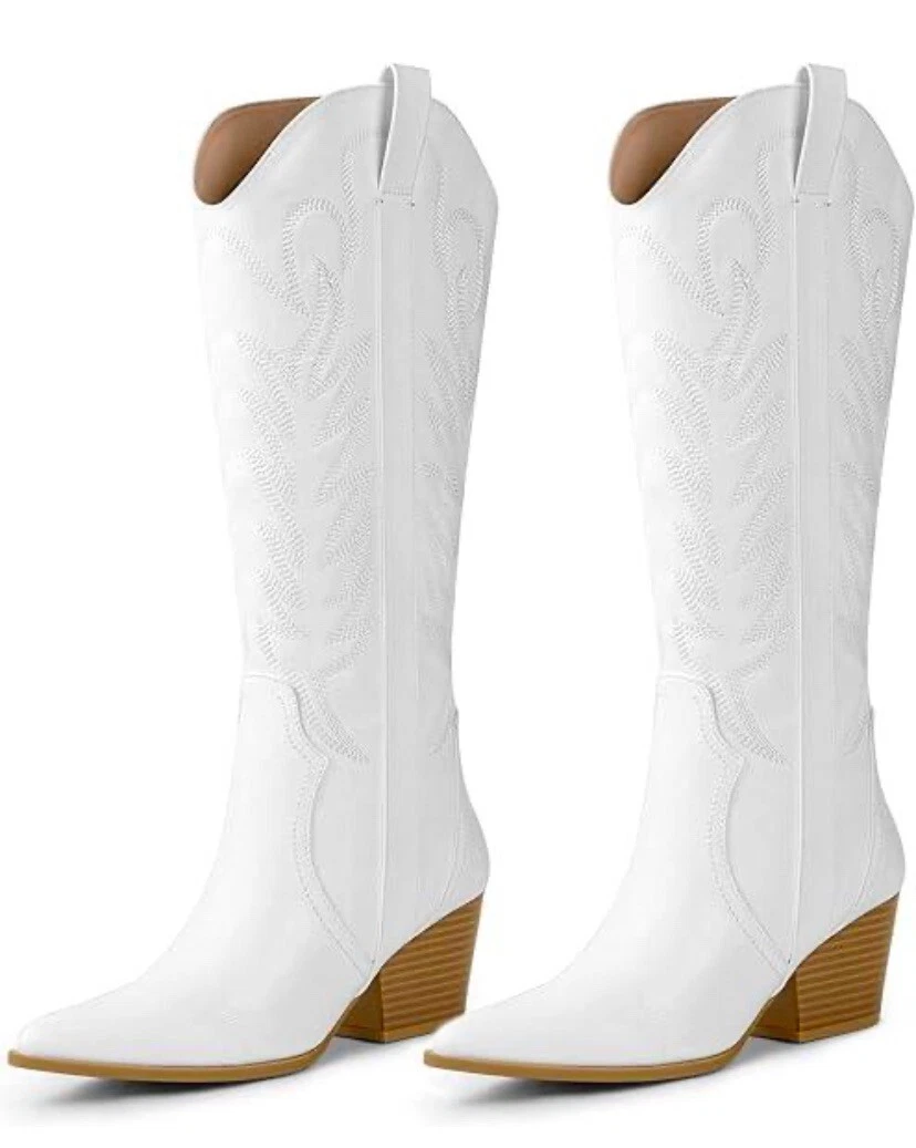 Arromic Cowboy Boots for Women Comfortable Women's Embroidered Western Cowgirl Knee High Boots Pointed Toe Zipper Chunky Heel Country Outfit Retro Tall Boots White 6.5