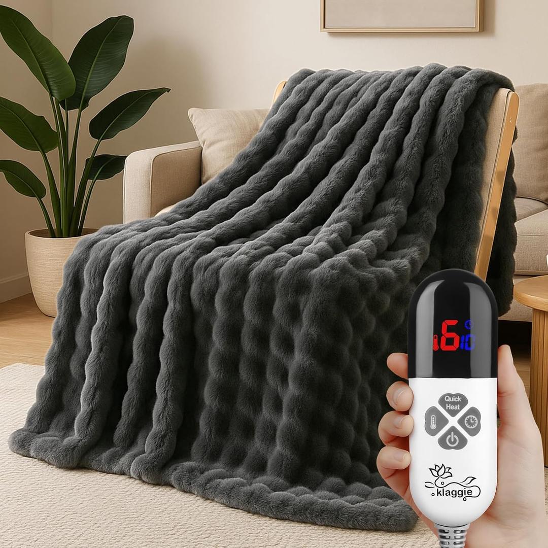 Electric Heated Blanket Throw 50"x60" Grey Ultra Soft Luxury Fluffy Faux Rabbit Fur Machine Washable 6 Heat Settings 4 Hours Auto Off Overheat Protection for Home Office Use