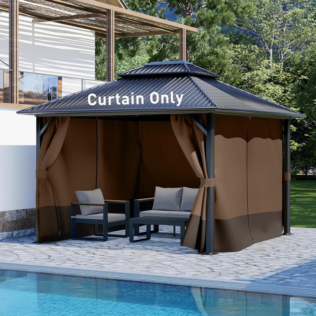 Aoodor 10x12 ft Outdoor Gazebo Curtains, 4 Panels Waterproof Privacy Sidewall Replacement with Zipper for Patio Pergola and Canopy, Brown and Coffee