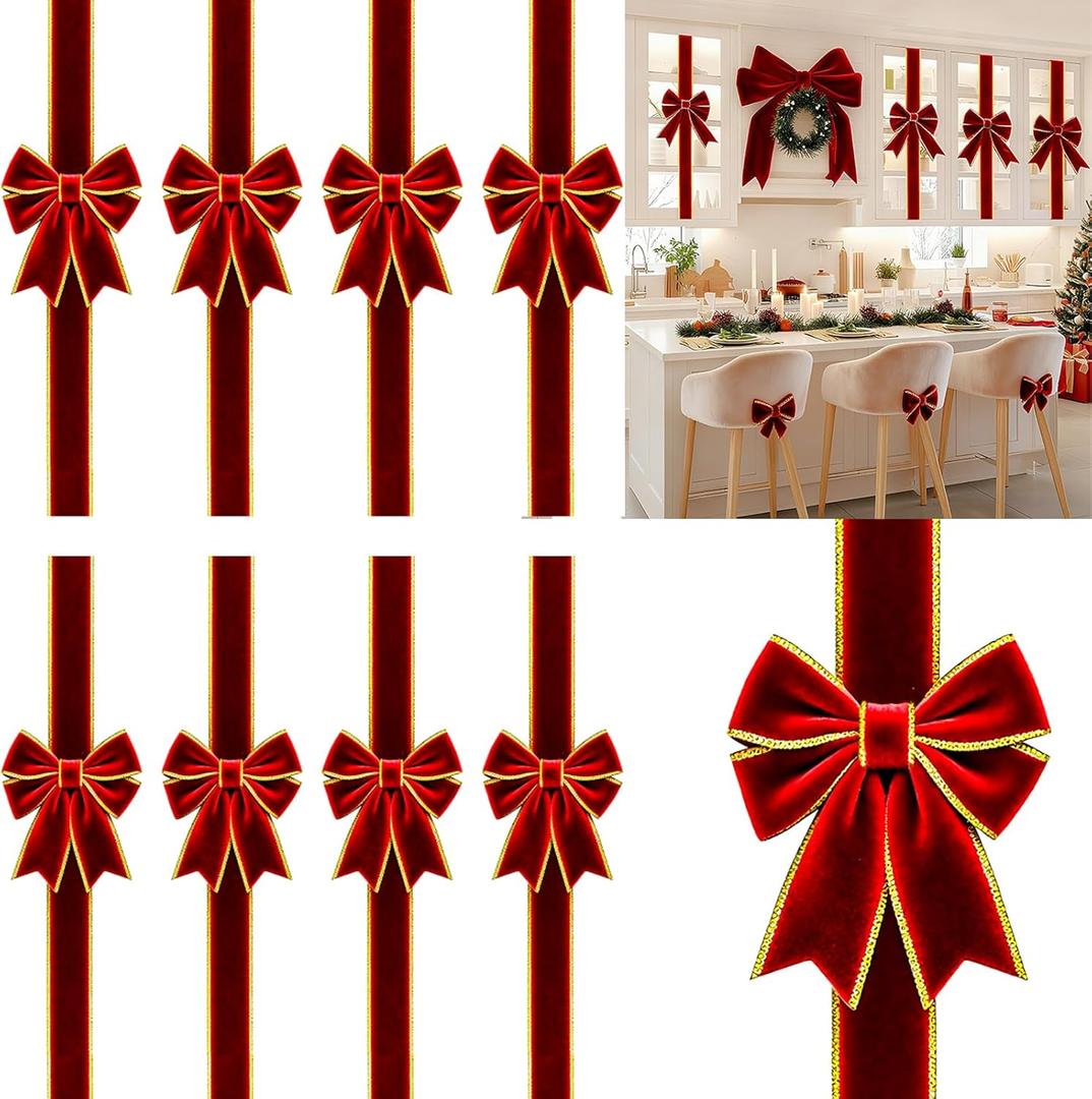 YinNorth 8 Pcs Large Christmas Cabinet Ribbon Bows Red with Glitter Gold Trim Thick Velvet Xmas Bow Door Cabinet Bow for Gift Christmas Tree Home Fireplace Kitchen Furniture Festive Party Decoration