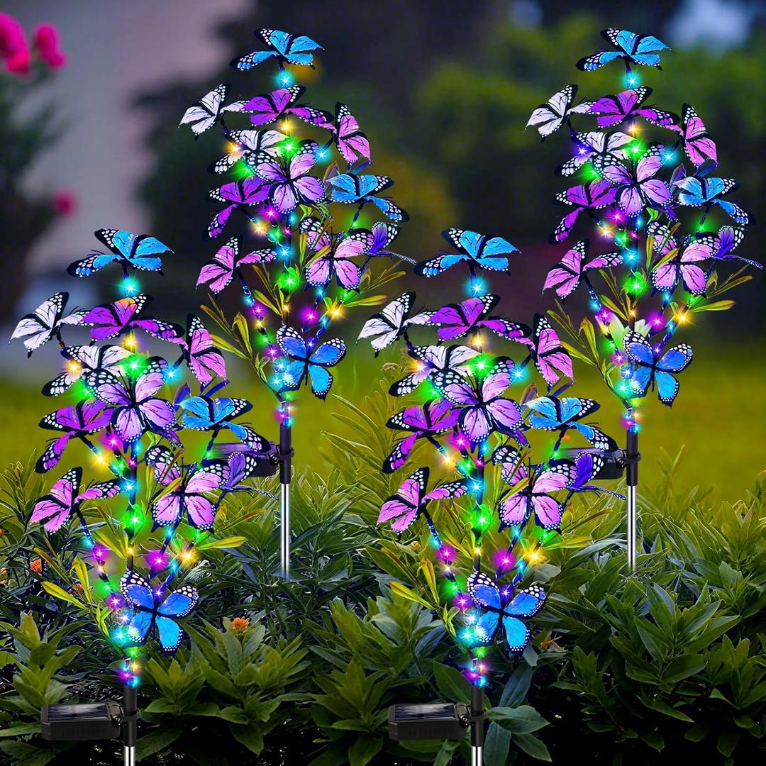 MRHEPHAESTUS Solar Garden Lights Outdoor, Waterproof 4 Pack Solar Butterfly Lights with 60 LED 12 Butterfly Colorful Lighting for Garden Yard Lawn Outdoor Decor, Gift for Mom Women Mother's Day