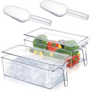 Havawish 4 Pcs Ice Storage Bin for Freezer with Lid and Flexible Scoop Set Plastic Ice Container with Lid Handle for Home Office Fridge Storage (12.4 x 5.91 x 3.94 Inches,Clear)
