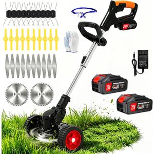 Electric Weed Wacker Cordless with Wheels,21V Lightweight Electric Weed Eater Battery Powered,4 in 1 Grass Trimmer/Brush Cutter/Lawn Edger/Lawn Mower,No String Trimmer Battery Operated for Garden Yard, 35 inches