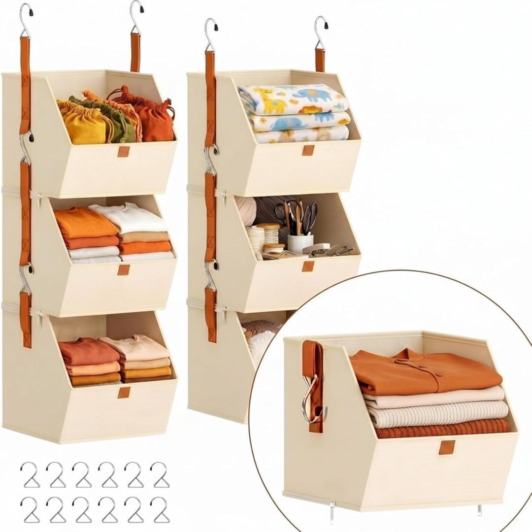 Hanging Closet Organizer 6 Tier Clothes Hanging Shelves Fabric Storage Bins Space Saving Closet System Collapsible Baskets for Sweater Handbags, Bedroom Rv Dorm Home Organization