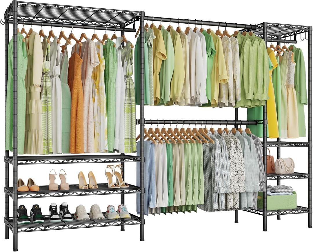 Ulif E11 Heavy-Duty Garment Rack, Metal Freestanding Clothes Rack and Closet Storage Organizer System with 8 Shelves and 4 Hanger Rods, (73.2 - 97.6)”W x 14.5”D x 71.2”H, Load 962 LBS, Black