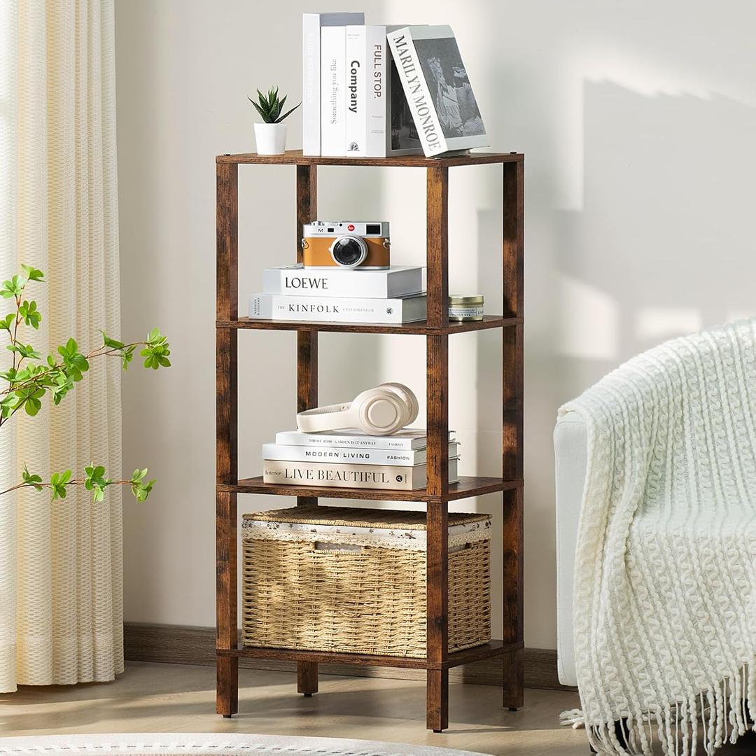 4 Tier Tall Wooden Bookshelf with Storage - Small Bookcase for Small Spaces, Shelf for Living Room, Office, Bedroom, Kitchen - Industrial Retro Brown Book Shelf