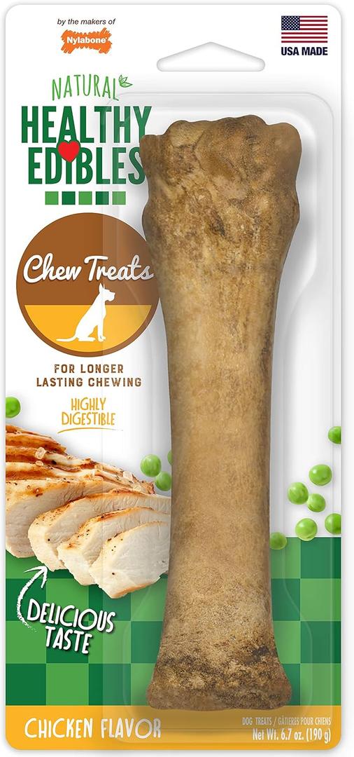 Nylabone Healthy Edibles Natural Dog Chews, Long Lasting Bones for Dogs, Chicken Flavor Dog Treats, X-Large (1 Count), BBD: 12-08-2028