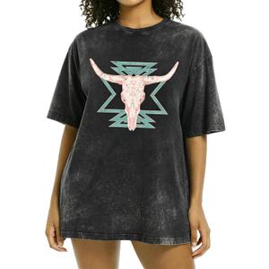 Oversized Western Shirts for Women Vintage Country Music Tee Cow Skull Graphic Tee Rodeo Cowgirl Short Sleeve Top, S