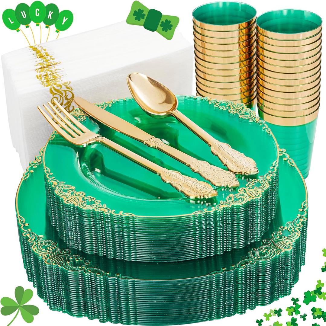 Hioasis 175pcs Clear Green Plastic Plates - Green Gold Plastic Plates Disposable include 25Dinner Plates 25Dessert Plates 25Knives 25Forks 25Spoons 25Cups 25Napkins for St. Patrick's Day & Wedding