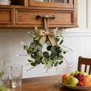 12 Pcs Small Eucalyptus Hanging Wreaths for Cabinets Artificial Greenery Mini Candle Ring Wreath with White Bud Stems and Linen Ribbon for Home Kitchen Front Door Window Wall Wedding Farmhouse Decor