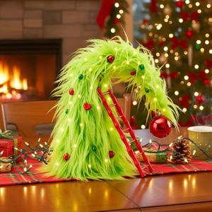 Syhood 1.5 ft Tabletop Bendable Mini Christmas Tree with Lights Whimsical Lime Green Xmas Tree with Balls Xmas Bent Top Table Centerpiece with Ornaments and Bag for Christmas Party Home Table Decor