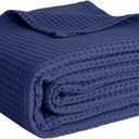100% Cotton Blankets for Bed - Waffle Weave Blankets for Summer, Lightweight and Breathable Soft Woven Blanket for Spring (Navy, Queen (90" x 90"))
