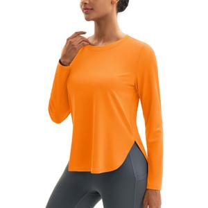 MAGCOMSEN Women's Sun Shirts UPF 80+ Long Sleeve Quick Dry Workout Tops | Moisture-wicking, Sun Protection, UV Protection, High Side Splits, Soft, Lightweight, Athletic, Running, Hiking, Yoga, Golf (Orange, L)