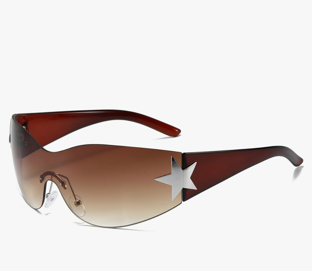 AIEYEZO Fashion Rimless Y2K Sunglasses for Women Men 2000s Wrap Around Style Sun Glasses Trendy Y2K Shades (Brown/Brown Gradient)