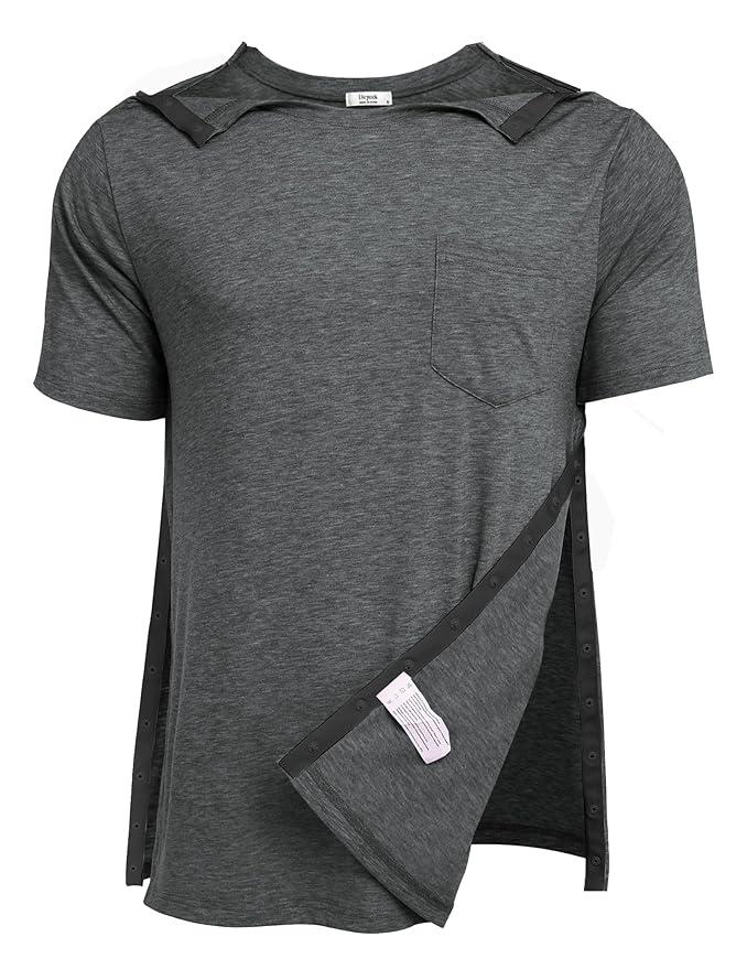 Deyeek Men's Post Shoulder Surgery Shirts Recovery Tear Away Short Sleeve Full Open Side Snap Dialysis Chemo Clothing, Size 2XL
