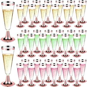 GuanQiao 100 Pack Plastic Champagne Flutes with Rose Gold Rim Pink Bottom, 5.5 Oz Clear Disposable Plastic Champagne Glasses, Wine Glasses Cups for Wedding Celebration New Years Eve Party Supplies