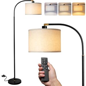 Arc Floor Lamps for Living Room, Modern Standing Lamp with Remote Dimmable Floor Lamp with Linen Shade, Tall Lamp for Bedroom Office Dining Room (Black)