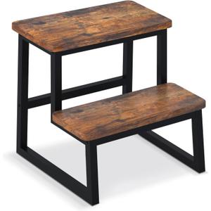 Step Stool for Adults,Holds up to 500Lb,Heavy Duty Sturdy Two Step Stool for Kichen/Bathroom/High beds, Wooden&Metal Frame, Non-Slip Pads (Brown)