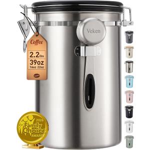 Veken Coffee Canister, 39OZ Large, Airtight Stainless Steel Food Storage Container for 2.2lbs Coffee Beans, Ground, Sugar, Tea, Flour, Cereal, Kitchen Bar Accessories with Date Tracker & Scoop, Silver