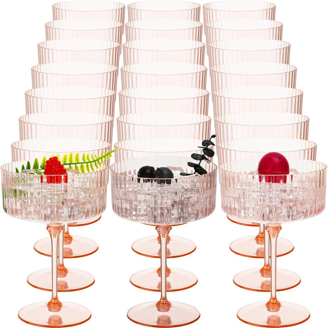 Jingmore 24 Pcs Ribbed Martini Glasses 10 oz Disposable Plastic Vintage Ribbed Coupe Glasses Unbreakable Dessert Parfait Glassware for Wedding Birthday Party Supplies (Champagne Powder)