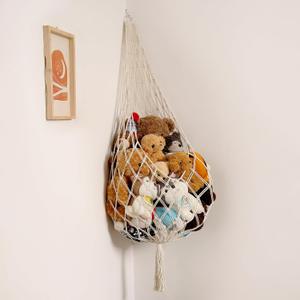 Amdermi Stuffed Animal Storage Organizers Toy Hammock Corner Hanging Net Stuffy Animal Hammock Macrame Toy Display Plush Toy Holder Wall, Kid Bedroom Decor Boho Nursery Playroom Organizer (Cream, XL)
