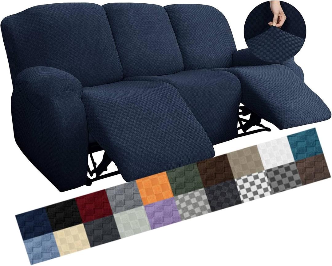 YEMYHOM 8 Pieces Stretch Recliner Sofa Cover Latest Jacquard Reclining Couch Cover with Side Pocket Anti-Slip Fitted 3 Cushion Furniture Slipcovers with Elastic Bottom (Large, Navy) (Standard 3 Seater)