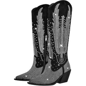 Knee High Cowboy Boots for Women Cowgirl Western Boots Rhinestone Bling Pointed Toe Chunky Heel Pull On Fashion Shoes Tall Black Boot (10)