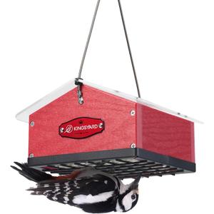 Kingsyard Upgraded Upside Down Double Suet Feeder for Outside Hanging, Squirrel-Proof Metal Edging, Wild Bird Feeder with Metal Weatherproof Roof, Attracting Woodpeckers, Nuthatches, Titmouse (Red)