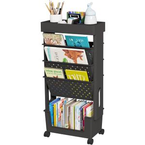 5-Tier Mobile Bookshelf, Rolling Bookcase Book Storage Rack, Movable File Folder Organizer Cart with Wheels for Home Study Office Living Room Classroom, Black