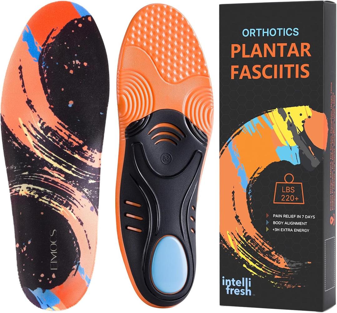 Plantar Fasciitis Pain Relief Orthotic Insoles,Full-Length Sports Inserts with Good Arch Support,Ideal for Running,Walking,All-Day Standing,No Trimming,Easy to Use,Full Size (MEN7.5 | WOMEN9.5--(260mm), Black+orange)