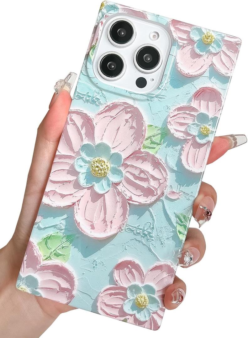 KERZZIL Elegent Girly 3D Flower Compatible with iPhone 14 Pro Rectangle Edge Case, Cute Floral Pattern Slim Soft TPU Protective Bumper Cases Cover(Blue,14 Pro)