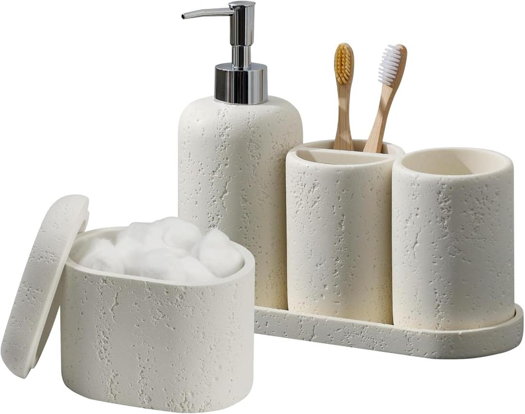 Bathroom Accessories Set, 5PCS Modern Bathroom Accessory Set with Soap Dispenser, Mouthwash Cup & Toothbrush Holder, Qtip Holder, Tray (Cream)