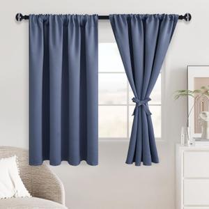 JIUZHEN Dusty Blue Blackout Curtains for Bedroom - Thermal Insulated Room Darkening Rod Pocket Curtains for Living Room, Set of 2 Panels with Tiebacks, 42 x 45 Inch Length, Dusty Blue