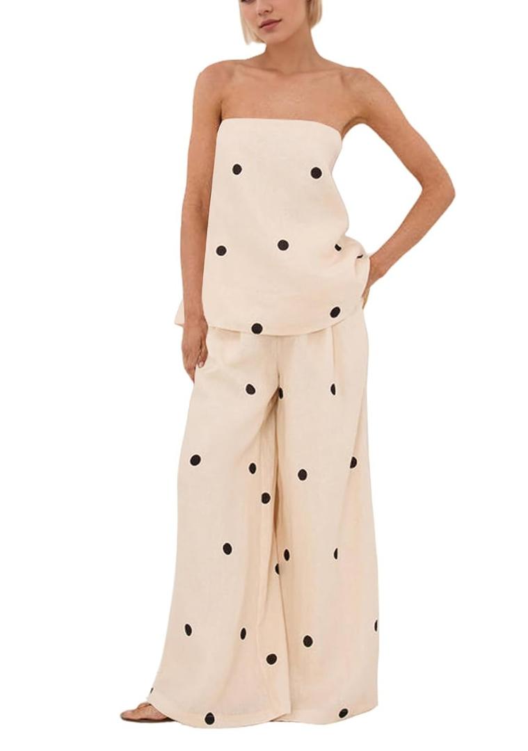 Women Polka Dot 2 Piece Outfits Spot Strapless Tube Top High Waist Wide Leg Pants Lounge Set Summer Tracksuit L