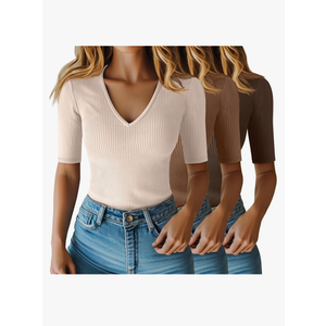 Riyiper 3 Pack Women's Half Sleeve Top Elbow Length Ribbed Cotton T Shirt Women V Neck Summer Tee Slim Fit Casual Blouses size M