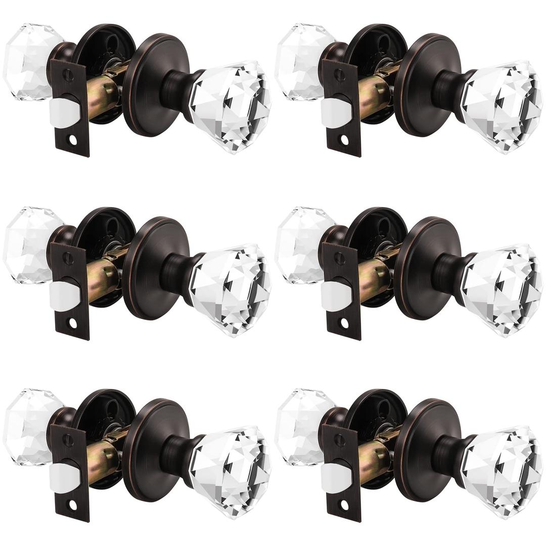 Orger Crystal Passage Door Knobs with Faceted Diamond Shape, Interior Non-Locking Door Hardware for Hallway/Closet, Classic Glass Door Handle with Oil Rubbed Bronze Rosette, 6 Pack
