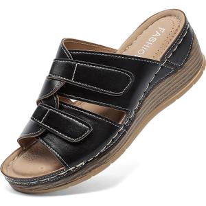 Womens Wedge Sandals Leather, Comfortable Slip On Slides Dressy, Orthopedic Sandals for Women, Open Toe Casua Arch Support Platform ladies Sandal Chunky Shoes, Size 38 