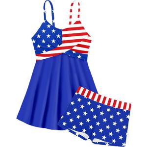 Girls Swimsuits Criss Cross Tropical Print Mesh Dress Bathing Suits with Shorts 2 Piece Tankini for Teens (11-12 Years, Usa Flag)