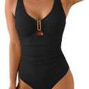 B2prity One Piece Swimsuit for Women Tummy Control V Neck Bathing Suit Slimming Ruched Swim Suit Cutout Swimwear (Large, Black Ribbed)