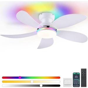 PHORUS 42" White RGB Ceiling Fans with Lights and Remote/APP, Small Modern Low Profile Ceiling Fans with Quiet Reversible DC Motor, Dimmable LED Ceiling Fan Light with 3 Colors 6 Speeds