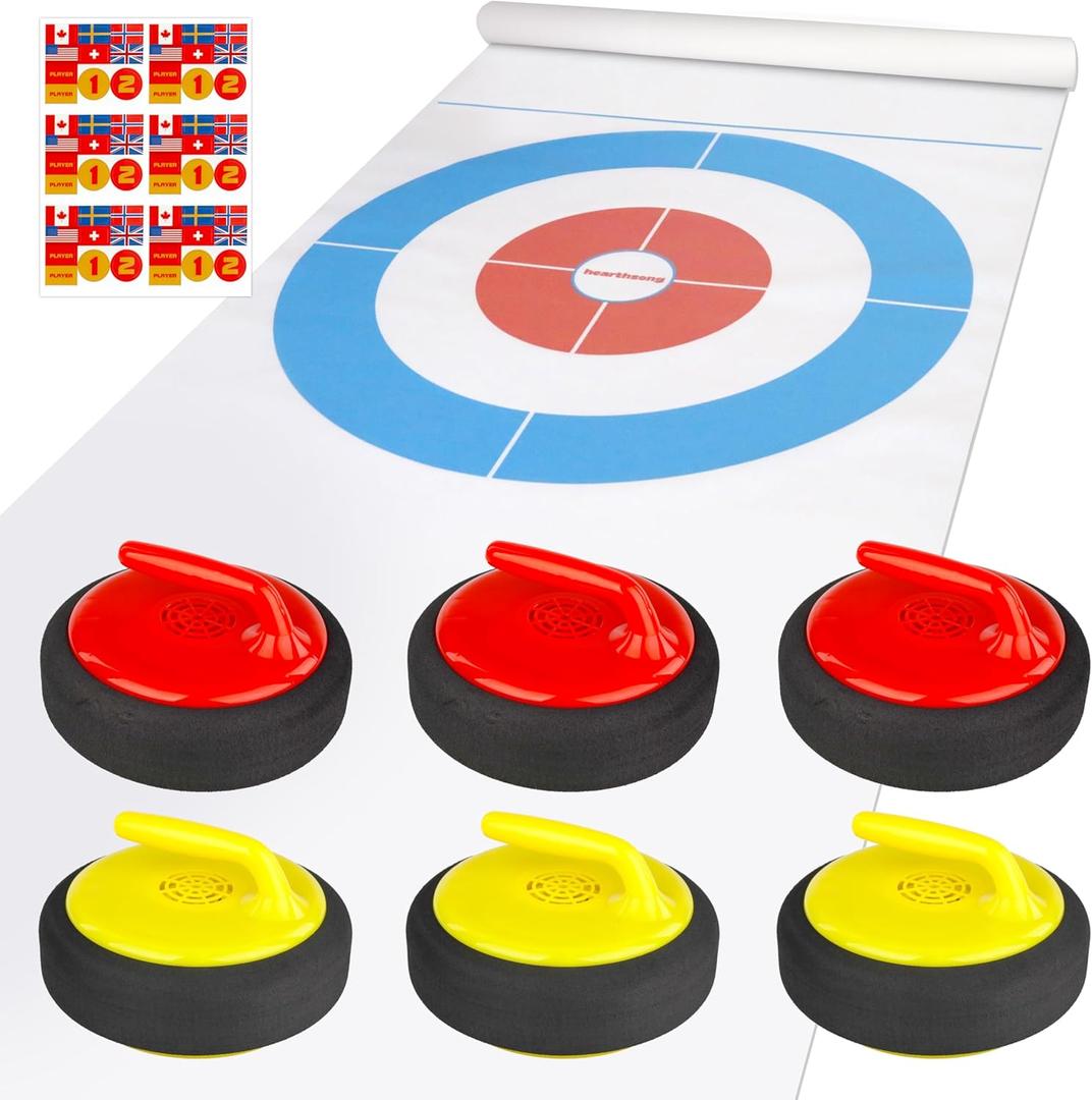 HearthSong Curling Zone  Indoor Battery Operated Hovering Curling Set  Fun Family Game for Kids and Adults  6 Curling Stones and Floor Mat  Olympic Sport Party Game Equipment  Age 3+