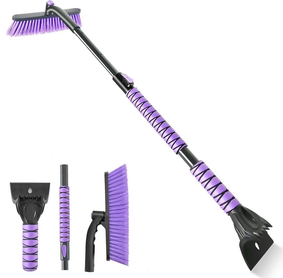 44" Ice Scraper and Snow Brush for Car Windshield with Extendable, 360 Pivoting, Soft Bristle Head, Foam Grip, for Car, Truck, SUV Window Tool (Purple)