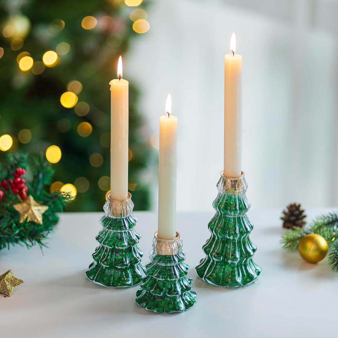 Glasseam Christmas Taper Candle Holders: 3 Pcs Glass Christmas Tree Gold Candlestick Holders with 9.8oz/ 280g Green Chunky Glitter Xmas Decorations for Centerpieces Tabletop Decor Holiday DIY Gifts