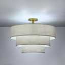 3 Tier 7 Light 24" Cream Linen Drum Fabric Brushed Nickel Semi Flush Mount Light Farmhouse Fixture