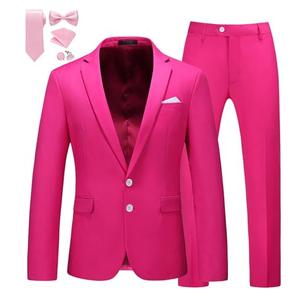 MOGU Mens Slim Fit Suit 2 Piece Tuxedo for Daily Business Wedding Party (Suit Jacket + Pants) US Size Blazer 30/Pants 29 Hot Pink